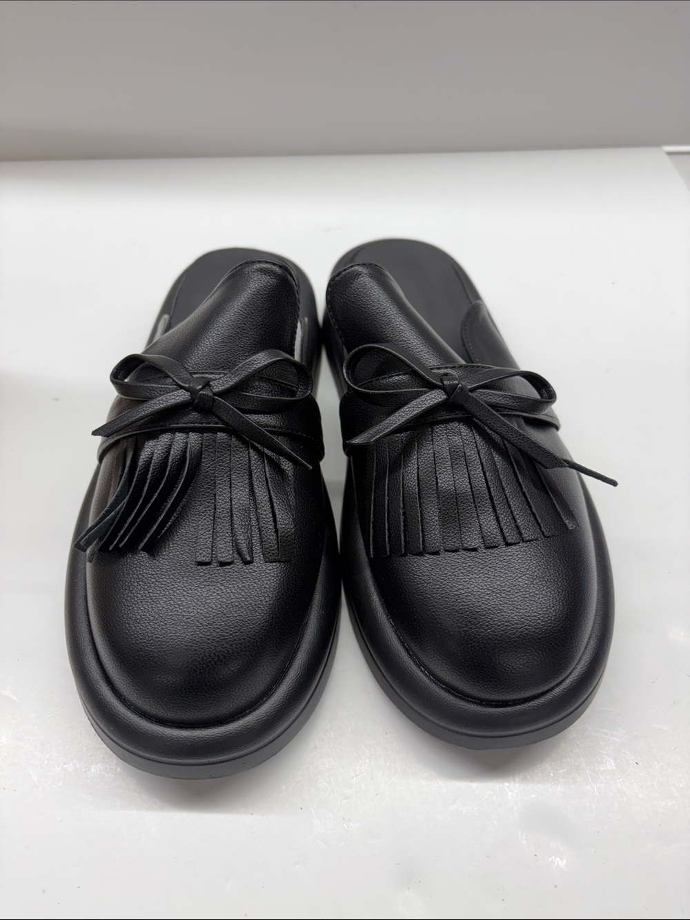 Women's Black Fringe Bow Slip-On Loafers